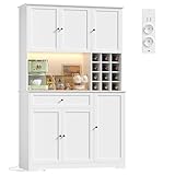 FirFurd Küchenschrank 180cm Buffetschrank mit LED Sideboard für Küche mit Steckdosenleiste Küchenschrank mit Arbeitsplatte & Weinregal für 12 Flaschen Küchenbuffet Küchenmöbel 180x100x39cm weiß
