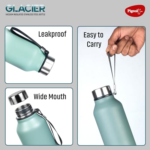 Image of Pigeon by Stovekraft Glacier 750 ml Vacuum Wide Mouth Bottle, Hot & Cold Retention & Leak Proof (Teal Blue)
