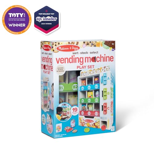 Image of Melissa & Doug Wooden Vending Machine Play Set | 19 Pieces, Wooden Vending Machine, Double-Sided Pretend Play Food and Drinks, Coins, Menu, Preschool Toys for Kids, Ages 3+