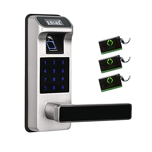 HARFO Cerradura de puerta con huella dactilar, cerradura de puerta de entrada sin llave con pantalla táctil y pantalla OLED, cerradura de puerta con teclado, cerradura de puerta de código de acceso para oficina y hogar (níquel satinado)