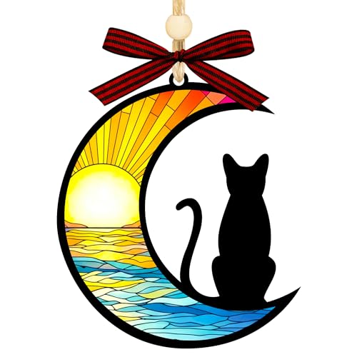 Faythory Stained Glass Effect Cat and Moon Christmas Tree Ornament 2025– Old World Style Vintage Décor, Cute Christmas Ornament, Cat Lover Gifts for Women, White Elephant Gift
