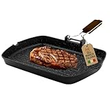 AKITAInk Bistecchiera in Alluminio Pressofuso Antiaderente Quadrata e Rettangolare, Ideale per Carne, Verdure e Grigliate, Compatibile con Induzione, 26x36 cm