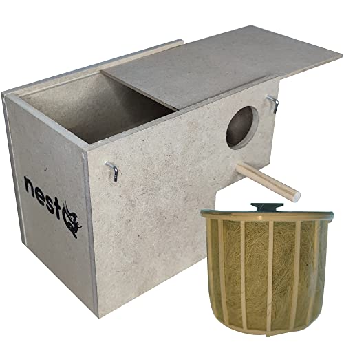 Nido Madera para Exoticos Diamantes de Gould 20 cm (largo) x 13 cm x 13 cm (base) x 16 (altura) con Pelera Material y Soporte de Relleno Pelo de Cabra, Mandarines, Babero, Tricolor, Isabelita de Japon Cover