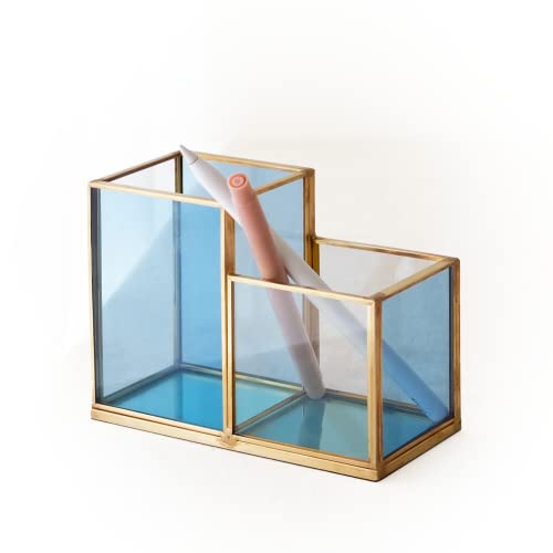 Fondazza Set Of 3 Gold Desk Organizers For Home Office Supplies, Gold Brass And Blue Glass, 1 Each Of 5, 4 & 2-Compartment Storage For Stationery, Cosmetic, Makeup Tools And Brush. #TOP6