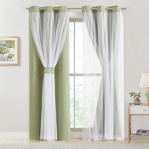 Image of Bujasso Sage Green Blackout Curtains with Sheer Overlay Mix and Match Double Layer Thermal Insulated Window Panels 84 inch for Living Room Bedroom Green Drapes with Tiebacks Grommet Top 54 inch Wx84 Lx2