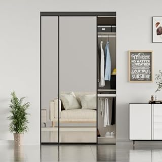 JUBEST Mirrored Closet Door 48 x 80, 1-Panel Black Steel Frame Sliding Closet Mirror Door Top & Bottom Track Kits, One Side Mirror with Safety Backing, Easy to Install