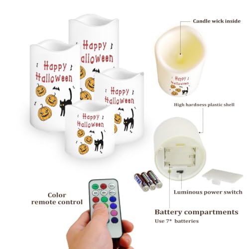 Image of Pumpkin Color Changing Flameless LED Candles Set of 4 | Battery Operated Fake Candles with Remote Control, Cat Flickering Flame Home Holiday Party Centerpiece Decor