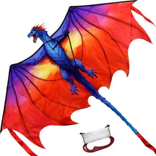 TOY Life 55.9'' Dragon Kites Easy to Fly for Kids Adults with 328.1 FT String, Beach Kite Outdoor Game Outside Toys Activity, Dragon Toys for Kids, Gift for Boys Ages 4-8