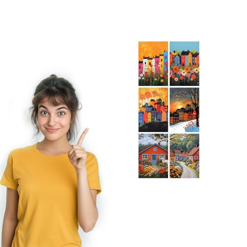 Image of SiddArtify Colorful Houses Wall Art Print Set - Whimsical Town Poster Decor for Living Room Bedroom - Set of 2-4x6 Inch - Board (Pack of 6) - Sticker (Pack of 6)