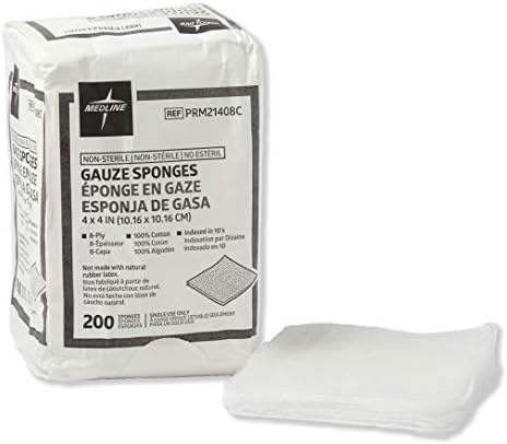 Medline 4 x 4 inch Gauze Sponges, 100% Cotton, 8-Ply Woven Non-Sterile Gauze (Pack of 200)