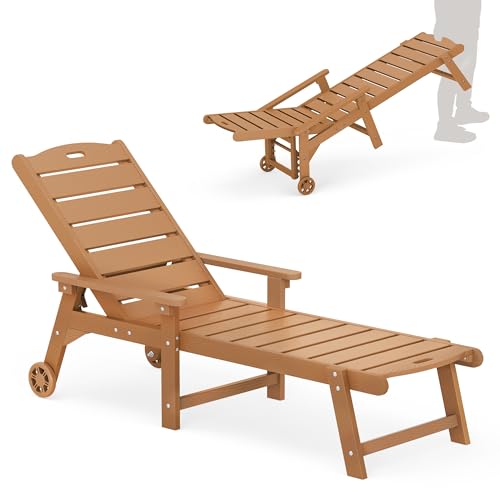 LUE BONA Outdoor Chaise Lounge, HDPS Chaise Lounger, 5 Positions Adjustable Lounge Chairs, Pool Lounge Chair with Wheels for Poolside, Backyard, Teak Color