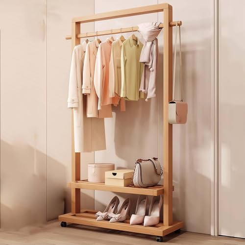 Porte-vêtements robuste en bois massif à double couche avec roues