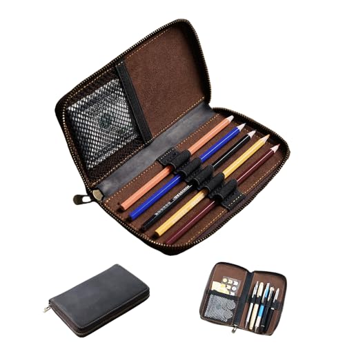 Image of Genuine Leather 5-Slot Pencil Case, Portable Travel Pen Organizer | Versatile organizer for art supplies, office essentials, makeup brushes, suitable for men, women, students, artists.