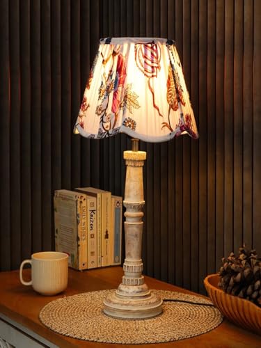 Image of Green Girgit Wooden Distress White Empire Lamp with Pleeted Multicolor Red Floral Lotus Shape Lamp Shade