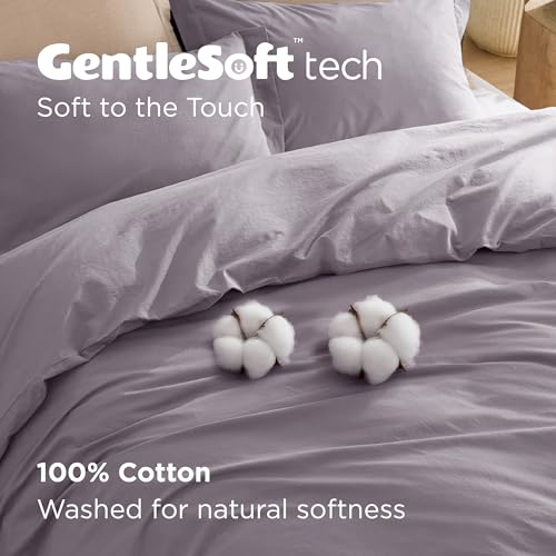 Bedsure 100% Washed Cotton Duvet Cover Queen Size - Lavender Minimalist Cotton Duvet Cover Linen Like for All Seasons - GentleSoft™ Plain Simple Bedding (Lavender, Queen, 90"x90")