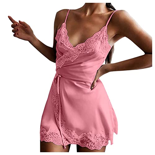 Solid Lace Trim Tie Waist Nightdress Sleeveless V Neck Kimono Chemise Cami Lingerie Sleepgown Teddy Babydoll Dress Pink #TOP20