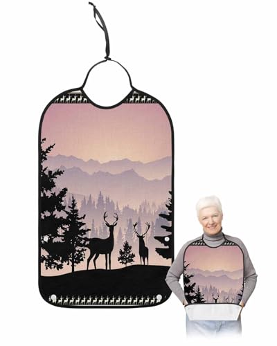 LEOKOTI Black Pastoral Adult Bibs for Eating, Waterproof Bibs with Food Catcher & Adjustable Snap Closure, Farmhouse Forest Elk Rustic Washable Clothing Protectors Adult Bibs for Elderly Women/Men
