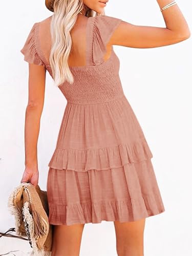Image of Fessceruna Womens Summer Ruffle Dresses Elastic Empire Waist A-line Layered Swing Flowy Mini Dress