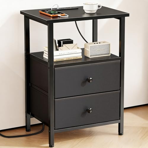 Image of Nightstand with Charging Station, Bedside End Table with 2 Fabric Drawers for Bedroom, Side Table with USB Ports and Outlets (Black)