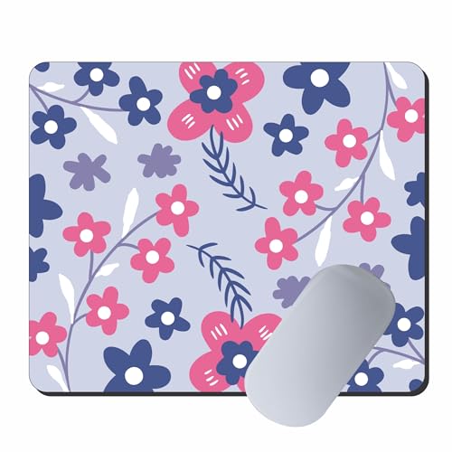 Image of Floral Mouse Pad 9 x 7.5 Inch (23 x 19 cm) | Cute Pink & Blue Flower Pattern Design | Non-Slip Rubber Base | Smooth Surface | 3mm Thick Mouse Pad for Office, Home & Study