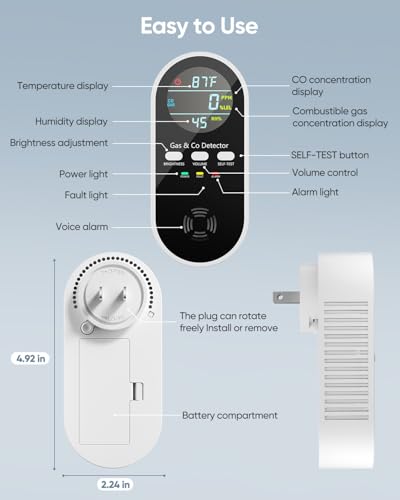 5-in-1 Carbon Monoxide Detectors, Natural Gas Leak Detector, Plug-in & Battery Backup Co Detector, HD Digital Display, CO Gas Temp Humidity Sensor, 1-Pcs, Black - Image 5