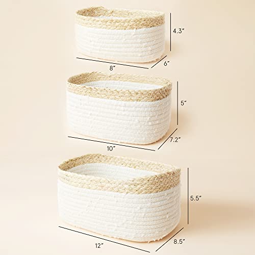 La Jolie Muse Rope Woven Storage Baskets Set Of 3 - Small Rope Baskets For Shelves Bathroom, Durable Nursery Baskets Organizer Bins For Baby Toys, Cotton With Corn Skin Design #TOP6