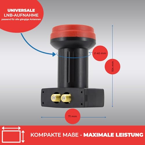 Premium X Twin LNB - 2Fach - Extrem Hitzebeständig - für 2 Teilnehmer - 4K Full HD - mit Wetterschutz für Satellitenschüssel Receiver Digital - Schwarz - inklusive 4X F-Stecker