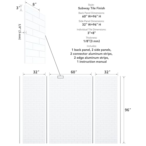 Bathlink Shower Wall Panels, 32D x 60W x 96H, Solid Surface Waterproof Wall Panels for Showers, Shower Surround Wall Kit, Glossy White Subway Tile Finish, 1/8\" (3mm) Thick, Trimmable - Thumbnail 2