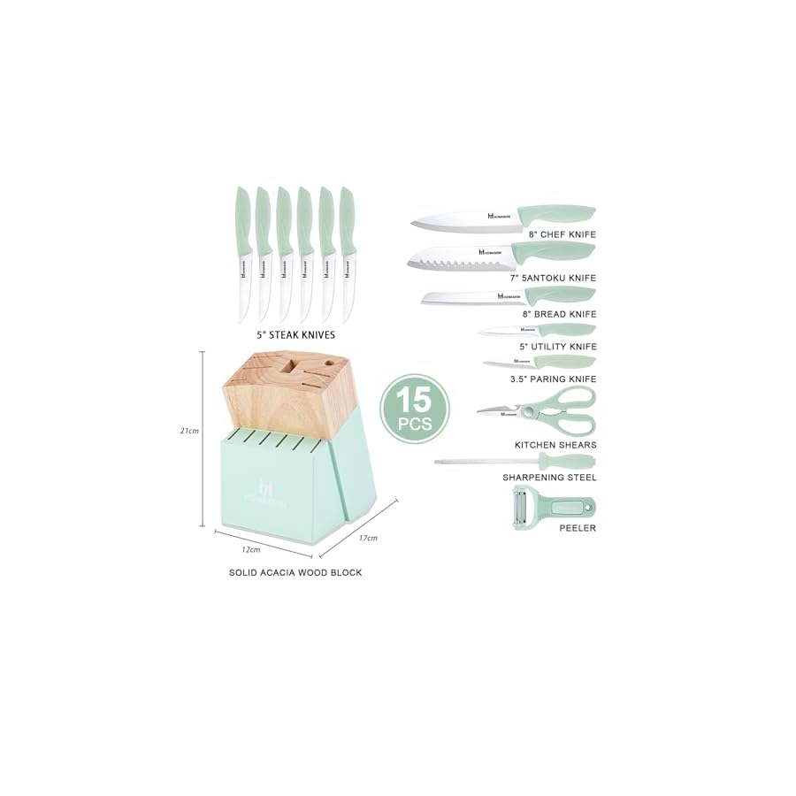 Knife Set With Block,Howashin14 Pieces Kitchen Knives Set With Block,High Carbon German Stainless Steel Knife Set With Sharpener Rod,Scissor and Peeler as A Gift,Green Knife Block Set