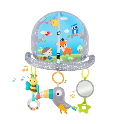 Image of Koty Rear Facing Car Seat Activity Center, Baby Kick & Play Arch with Music, Mirror and Rattle Toys for Children, Developmental Toddler Toys for Travel (Toucan)