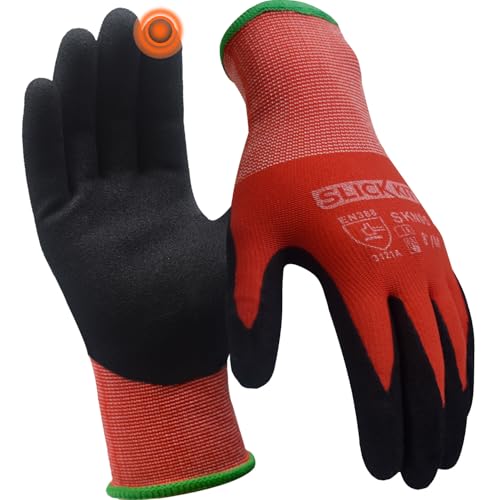 SLICK KIT Work Gloves Sandy Nitrile Coated, for Men and Women, Touchscreen Gardening Gloves, Ideal for General Duty Work, 6 Pairs, Red (Extra Large/10)