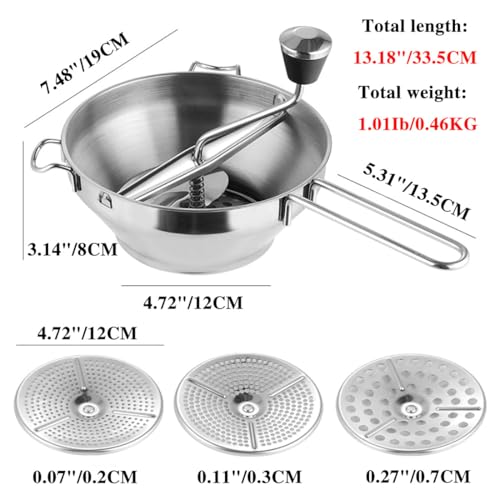 Cangfort 1 PCS Food Mill, Stainless Steel Food Mill for Tomato Sauce&Canning, Food Mill Hand Crank with 3 Grinding Plates for Mashing Grating Fruits Vegetables(7.5""/19cm x 3.2""/8cm), Silver by Cangfort - Image 4
