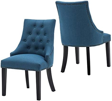 LSSBOUGHT Set of 2 Fabric Dining Chairs Leisure Padded Chairs with Black Solid Wooden Legs,Nailed Trim,Blue