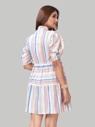 Image of Women's Cotten Light Colour Western Stripe Dress, Knee Length Puff Slevee