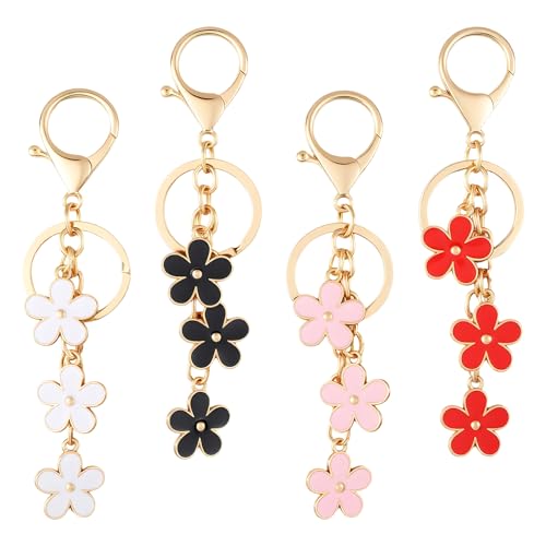 Gjinxi 4 bonitos llaveros para mujeres y niñas, diseño de flores esmaltadas, bolsa de regalo, llavero, bolso, mochila, joyas, accesorios de coche, para madre, mejor amiga, cumpleaños, Navidad