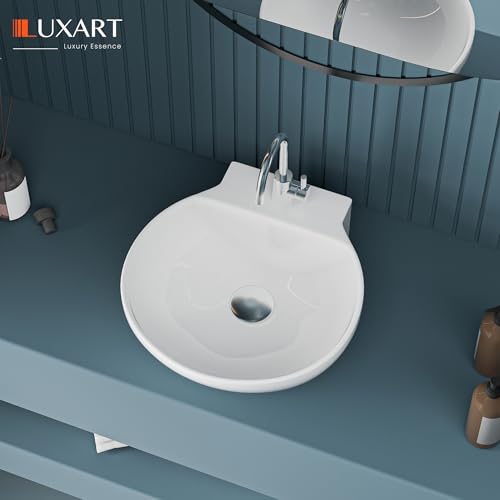 Image of LUXART Tabletop Wash Basin For Bathroom - 12 x 12 x 5 Inc Ceramic Glossy White Wall Hung & Countertop Washbasin | Vessel Sink For Hotel, Dining Hall, Vanity | Over counter Top Washroom Sink