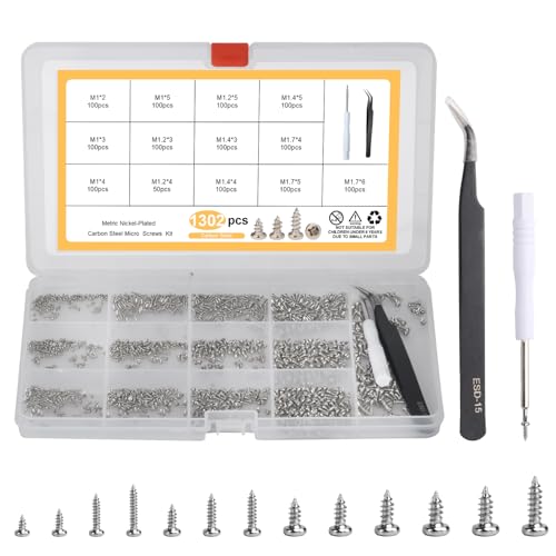 Kleine Schrauben Set, 1300 Stk Selbstschneidende Schrauben, Mini Schrauben Set, Mikro Rundkopf Kreuzschlitzschrauben Sortiment Set für Brillen Uhren Kameras Laptops Schrauben, M1/M1.2/M1.4/M1.7