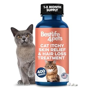 Cat Itchy Skin Relief & Hair Loss Treatment, Holistic Allergy Relief for Cats Calms Dry Skin, Dandruff & Reduces Licking, Scratching, Patchy, Matted and Shedding Fur, 400 Easy to Use Pills