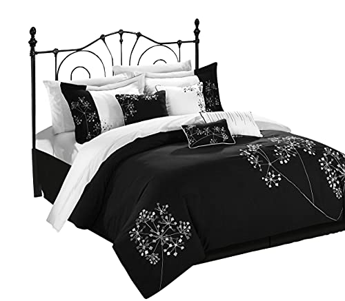 Chic Home 8-Piece Embroidered Comforter Set Complete Embroidery Pattern Bag With Bed Skirt And Decorative Pillows Shams, King, Floral Black White #TOP2