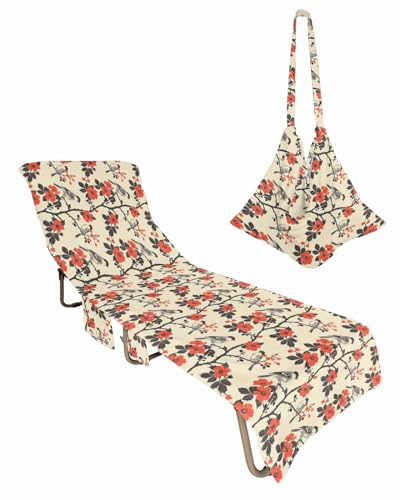 Japanese Beach Chair Cover with Side Pockets, Microfiber & Quick Dry Pool Chaise Lounge Chair Towels Covers for Sun Sunbathing Patio Garden Hotel, Cherry Blossom Tree Branch Birds Spring