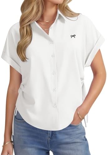 LYANER Women's Button Up Shirt Short Sleeve Blouse Collared Side Drawstring Ruch