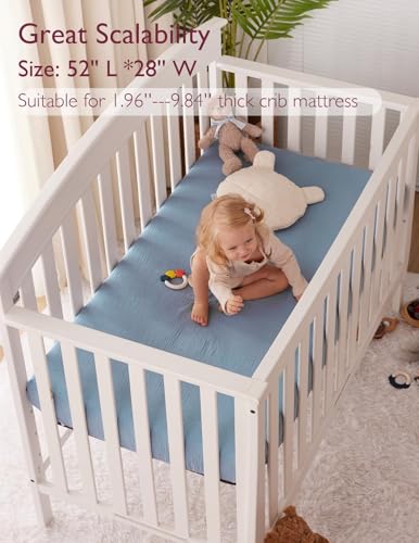 Image of Momcozy Muslin Standard Fitted Crib Sheets, 52 inchx28 inch, 2 Pack Soft Breathable Natural Cotton Baby Mattress Sheet, 360 Mattress Wrapping No Slip Boys Girls Neutral Toddler Bed Sheet, Grey Blue