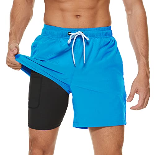 Arcweg Men's Swim Trunks Mens Swimming Shorts with Compression Liner Quick Dry Stretchy 2 in 1 Board Shorts with Zipper Pockets Azure Blue L（UK