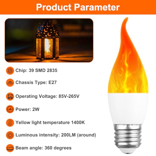 AUAUY LED Flame Light Bulb, 2W E27 Flame Effect Light Bulb, Flickering Light Bulb, 3 Lighting Modes - Image 3