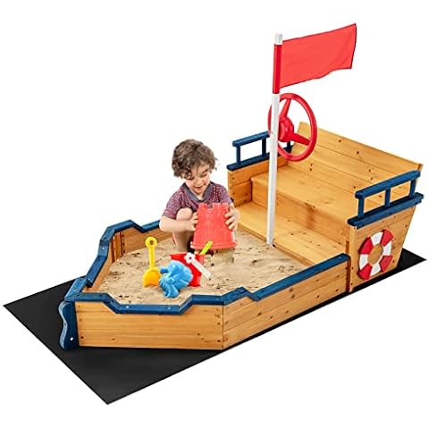 Maxmass Kids Wooden Sandpit, Children Large Sandbox with Non-woven Fabric, Storage Benches and Backrest & Armrest, Pirate Ship Sandboat for Outdoor Backyard Garden Beach Cover