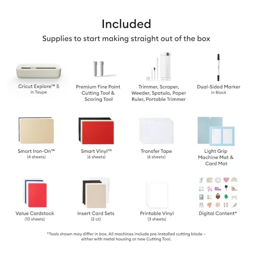 Image of Cricut Explore 5 Essential Bundle + Digital Content Smart Cutting Machine - perfect for projects like custom vinyl decals, T-shirts, full-color stickers, cards, and more.