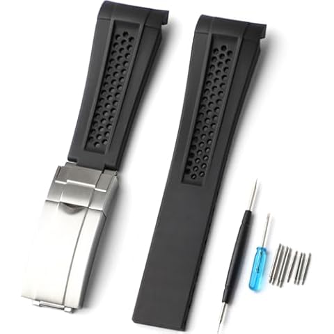 20mm Ventilation Holes Curved End Fluororubber/FKM Rubber Watch Band for Rolex Yacht-Master, Daytona, Submariner, GMT-Master,Sea Dweller, Air-King,datejust, Day-Date, Cellini, Explorer, Milgauss, Oyster Perpetual,1908 Watch Strap Watchband Dustproof Black Cover