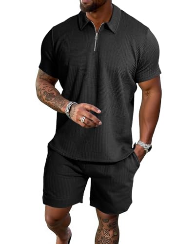 GYMELITE Men's 2 Piece Short Sets Outfits Summer Polo Shirts and Shorts Casual Zip Short Sleeve Fashion Shorts Tracksuit Set