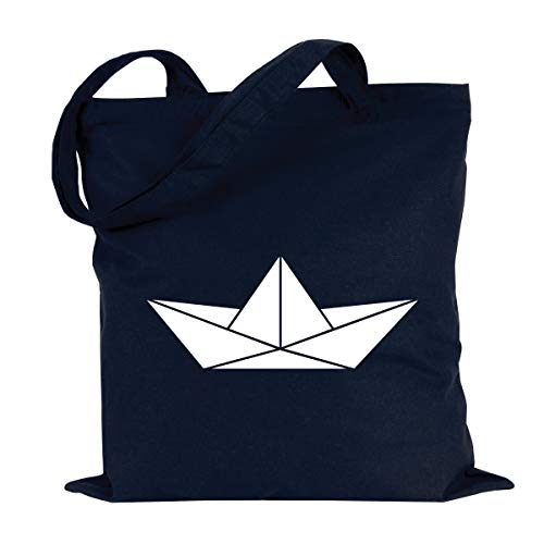 JUNIWORDS Jutebeutel - Wähle ein Motiv & Farbe -"Origami Papierboot" (Beutel: Marine Blau, Motiv: Weiß) Cover