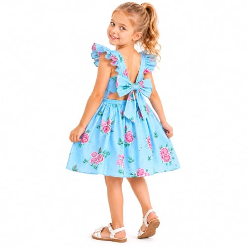 Image of Girls Floral Dress Square Neck Ruffle Sleeve Bow Back Twirl Cotton Dress